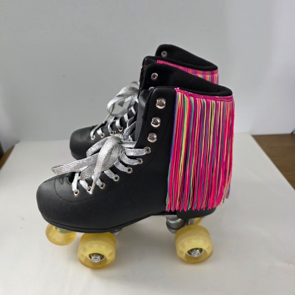Doll Kills Black Quad Roller Skates Neon Rainbow Fringe Silver Laces  Sz 8 - Picture 5 of 14